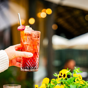 A raspberry and elderflower collins is in the main shot. It is being held by someone with a white cardigan on. There are twinkly lights in the background and a yellow flowery plant in the foreground. The cocktail is red, with lots of ice in a tall crystal glass, with a pink flower garnish and a straw.